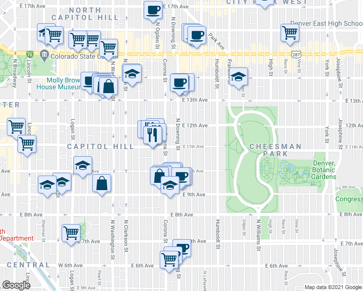 map of restaurants, bars, coffee shops, grocery stores, and more near 1081 North Downing Street in Denver