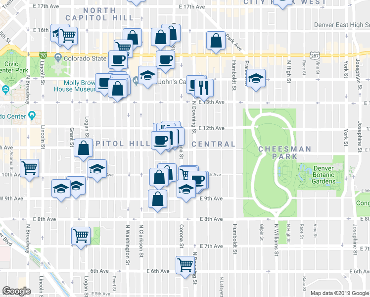 map of restaurants, bars, coffee shops, grocery stores, and more near in Denver