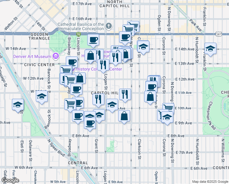 map of restaurants, bars, coffee shops, grocery stores, and more near in Denver
