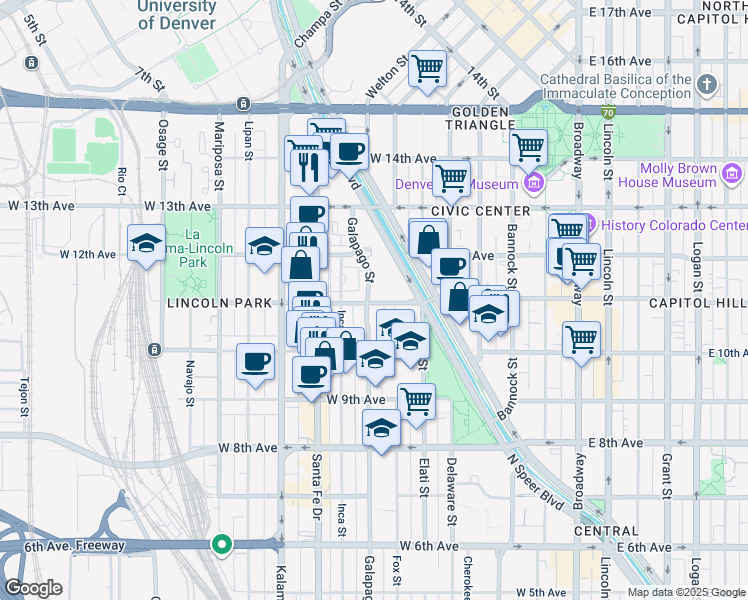 map of restaurants, bars, coffee shops, grocery stores, and more near 611 West 11th Avenue in Denver