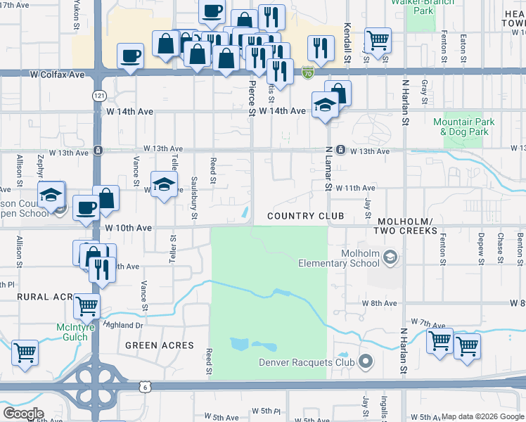 map of restaurants, bars, coffee shops, grocery stores, and more near in Lakewood