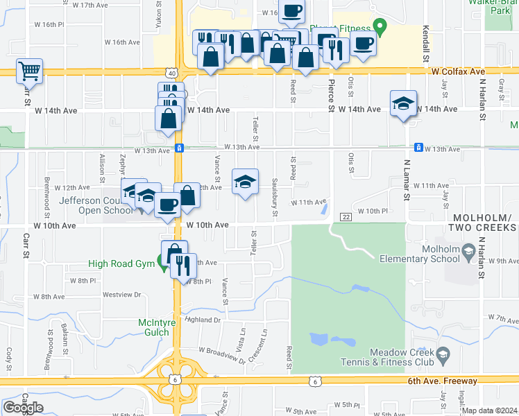 map of restaurants, bars, coffee shops, grocery stores, and more near 7171 West 10th Avenue in Lakewood