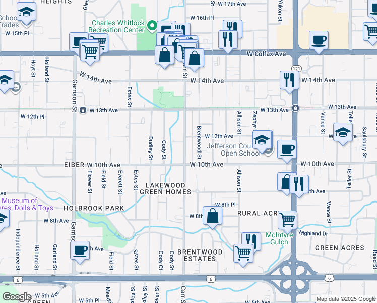 map of restaurants, bars, coffee shops, grocery stores, and more near 1015 Brentwood Street in Lakewood