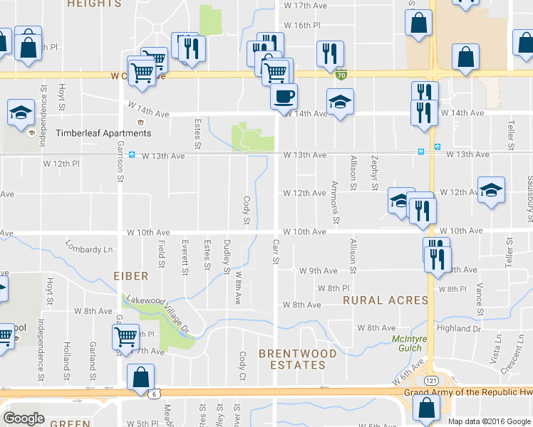map of restaurants, bars, coffee shops, grocery stores, and more near in Lakewood