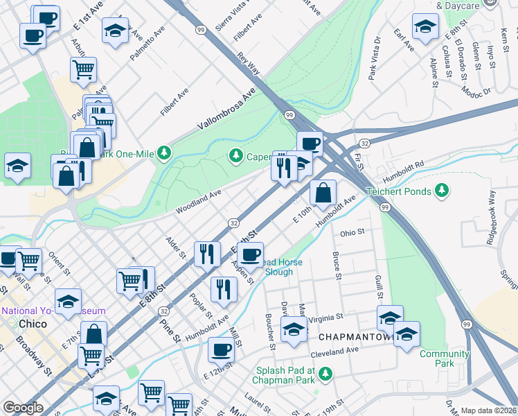 map of restaurants, bars, coffee shops, grocery stores, and more near 1197 East 8th Street in Chico