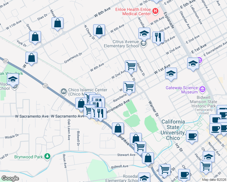 map of restaurants, bars, coffee shops, grocery stores, and more near 806 West 1st Avenue in Chico