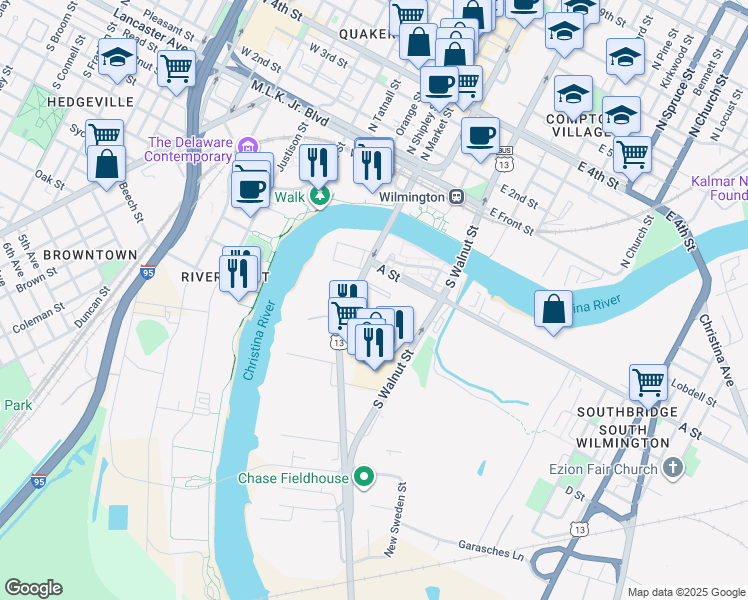 map of restaurants, bars, coffee shops, grocery stores, and more near 340 South Market Street in Wilmington