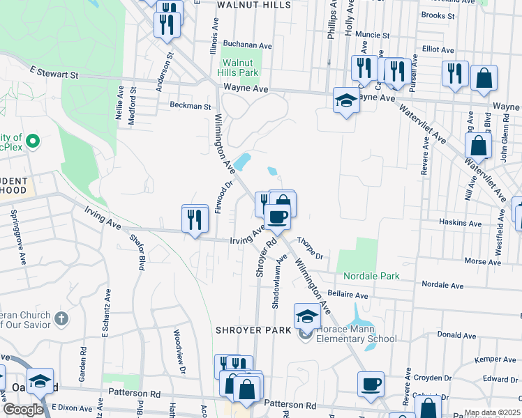 map of restaurants, bars, coffee shops, grocery stores, and more near 12 Colley Place in Dayton