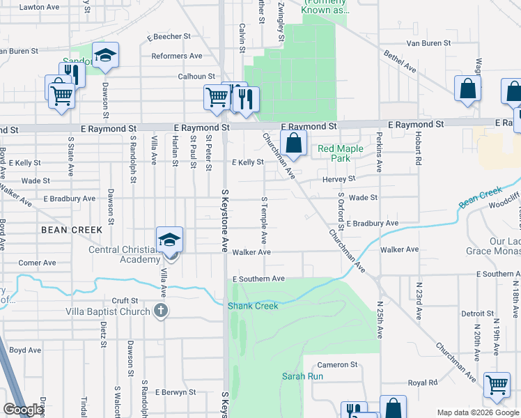 map of restaurants, bars, coffee shops, grocery stores, and more near 2425 South Temple Avenue in Indianapolis