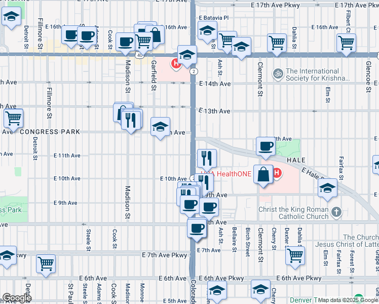 map of restaurants, bars, coffee shops, grocery stores, and more near 1074 Harrison Street in Denver