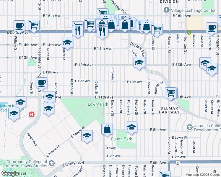 map of restaurants, bars, coffee shops, grocery stores, and more near 1132 Emporia Street in Aurora