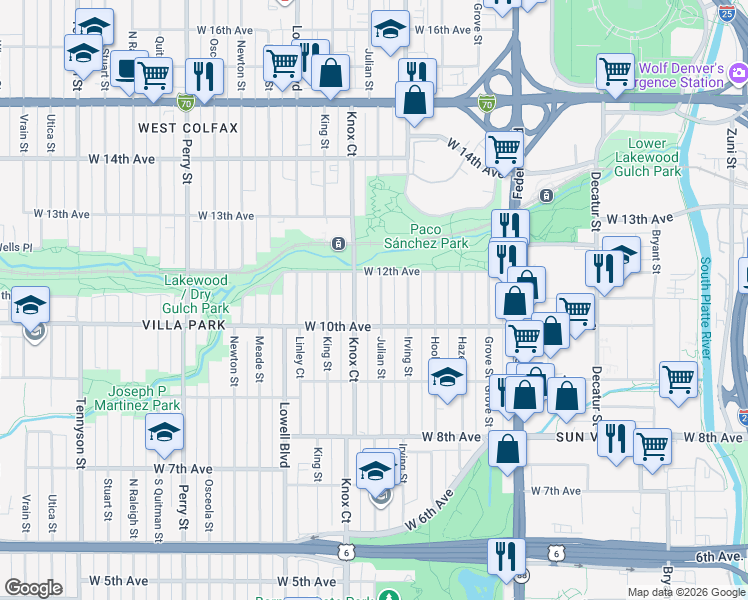 map of restaurants, bars, coffee shops, grocery stores, and more near 1036 Knox Court in Denver