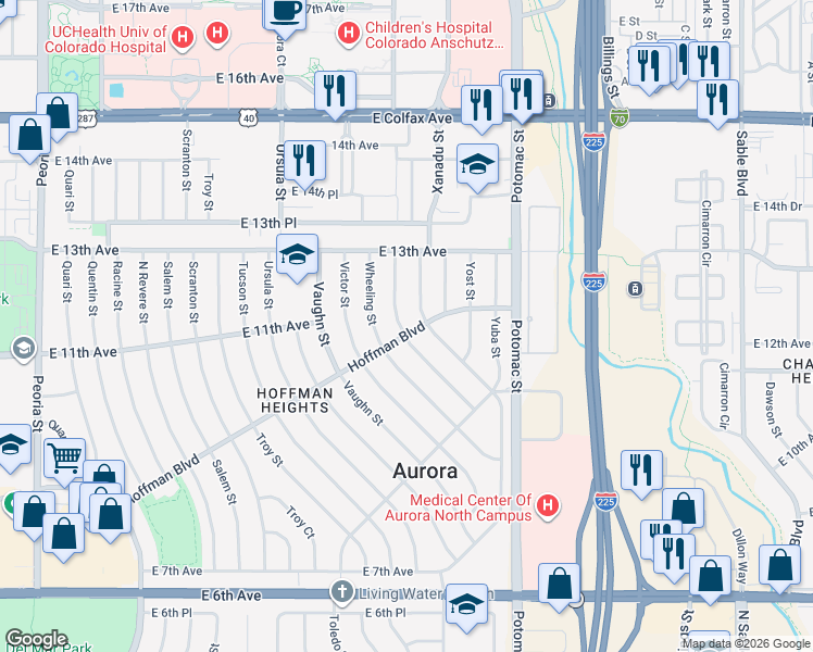 map of restaurants, bars, coffee shops, grocery stores, and more near 1187 Xanadu Street in Aurora