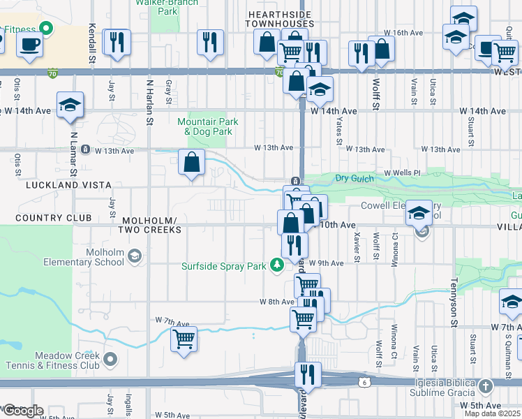 map of restaurants, bars, coffee shops, grocery stores, and more near 5375 West 10th Avenue in Denver