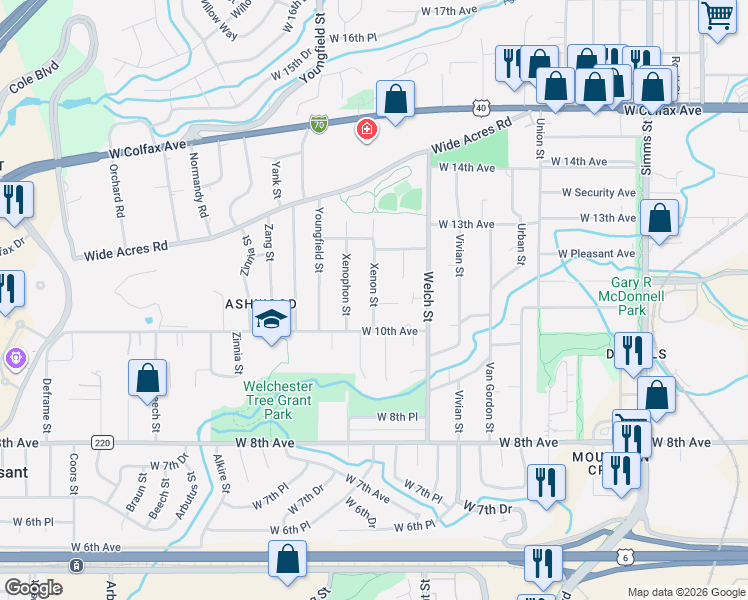 map of restaurants, bars, coffee shops, grocery stores, and more near 1026 Xenon Street in Golden
