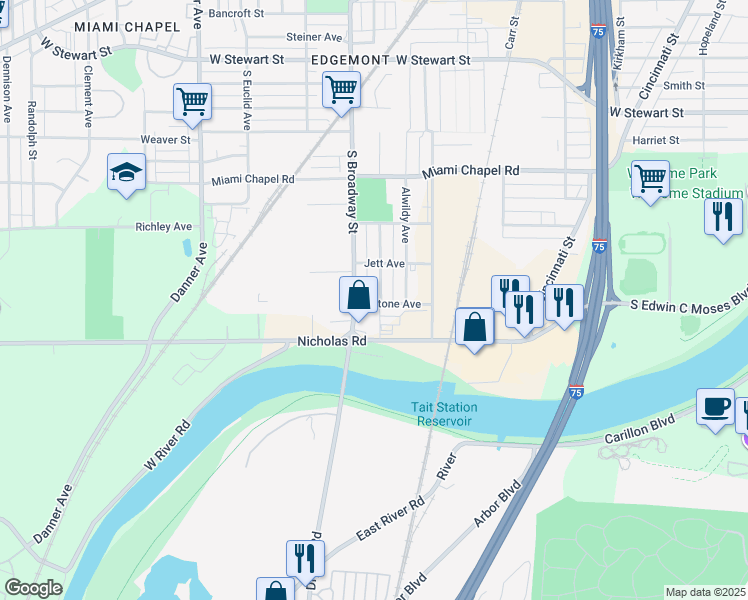 map of restaurants, bars, coffee shops, grocery stores, and more near 1645 Dietzen Avenue in Dayton