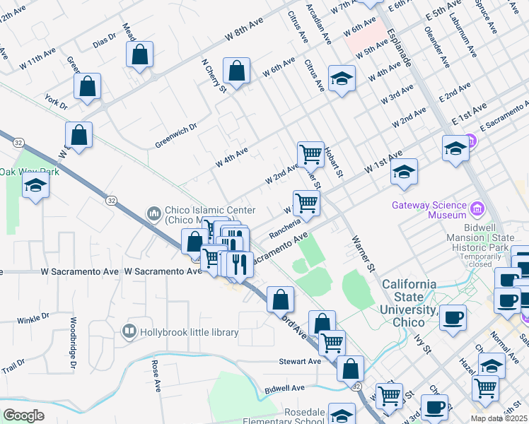 map of restaurants, bars, coffee shops, grocery stores, and more near 3 Klondike Court in Chico