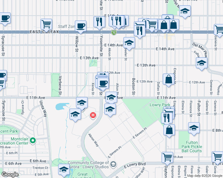 map of restaurants, bars, coffee shops, grocery stores, and more near 1122 Akron Street in Aurora