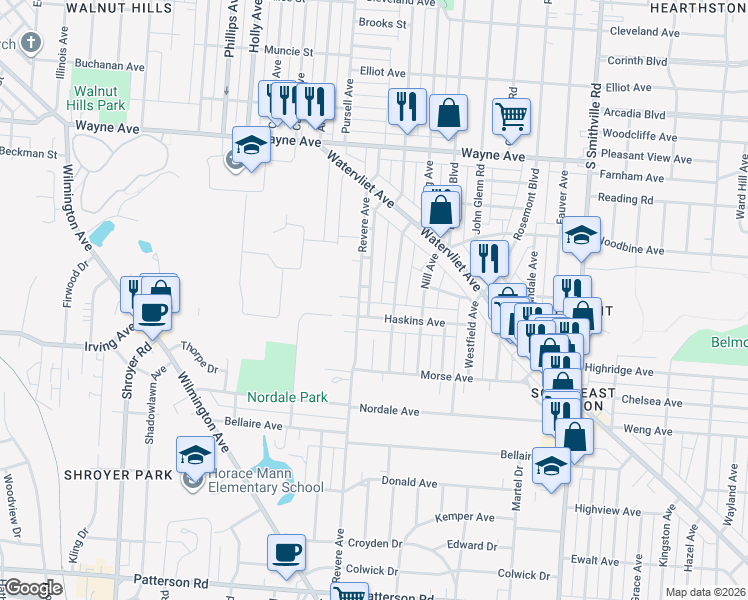 map of restaurants, bars, coffee shops, grocery stores, and more near 2420 Revere Avenue in Dayton