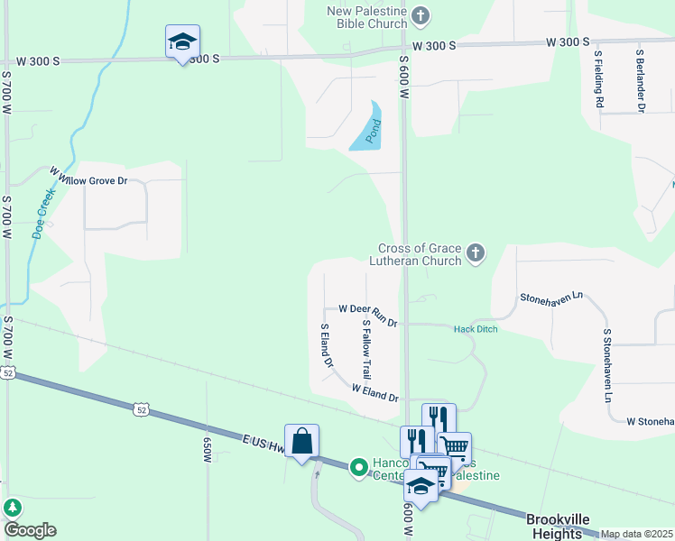 map of restaurants, bars, coffee shops, grocery stores, and more near 3547 South Eland Drive in New Palestine