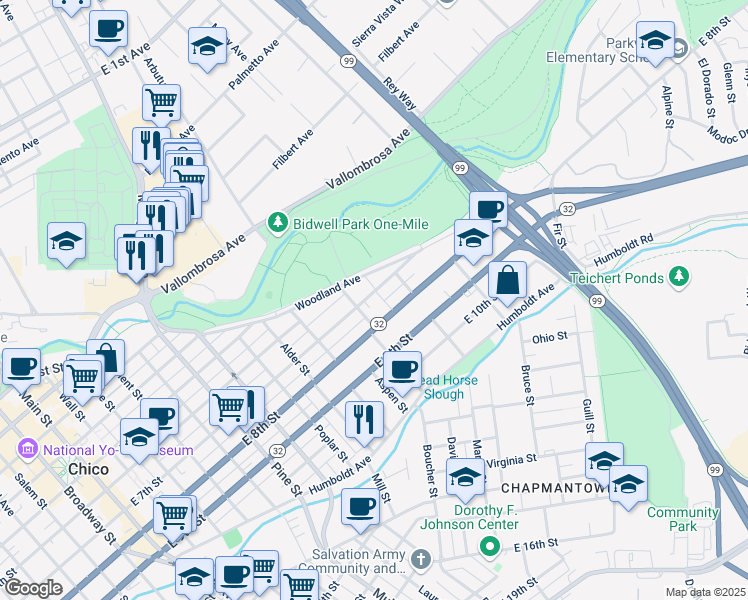 map of restaurants, bars, coffee shops, grocery stores, and more near 1163 East 7th Street in Chico