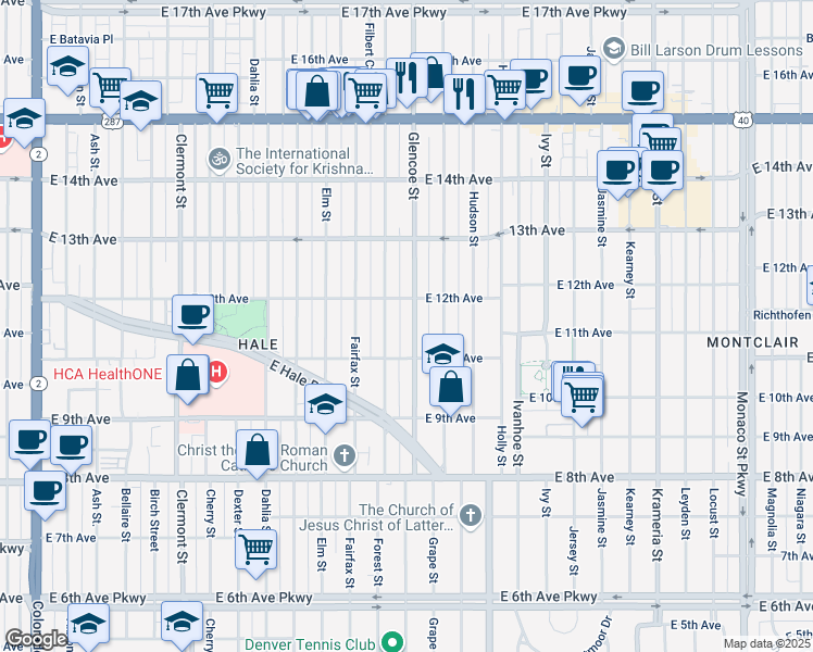 map of restaurants, bars, coffee shops, grocery stores, and more near 1155 Glencoe Street in Denver