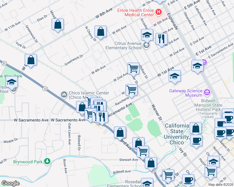 map of restaurants, bars, coffee shops, grocery stores, and more near 14 Klondike Court in Chico