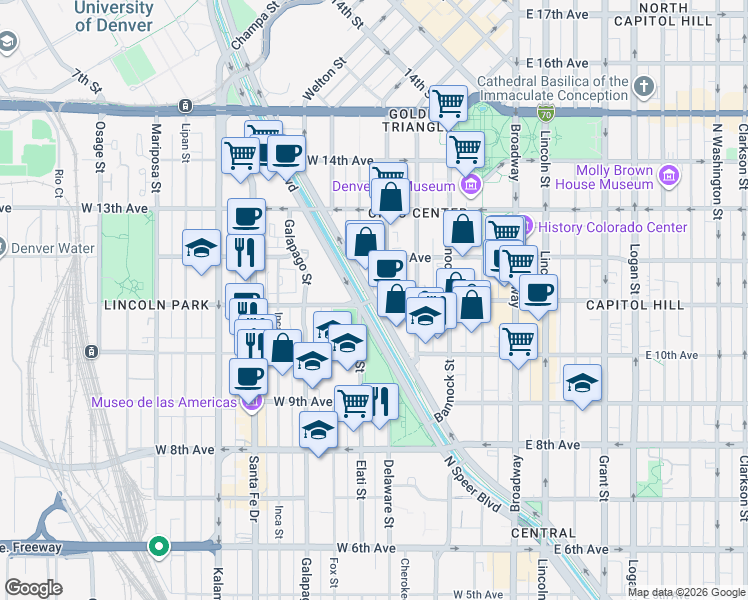 map of restaurants, bars, coffee shops, grocery stores, and more near North Speer Boulevard & West 11th Avenue in Denver