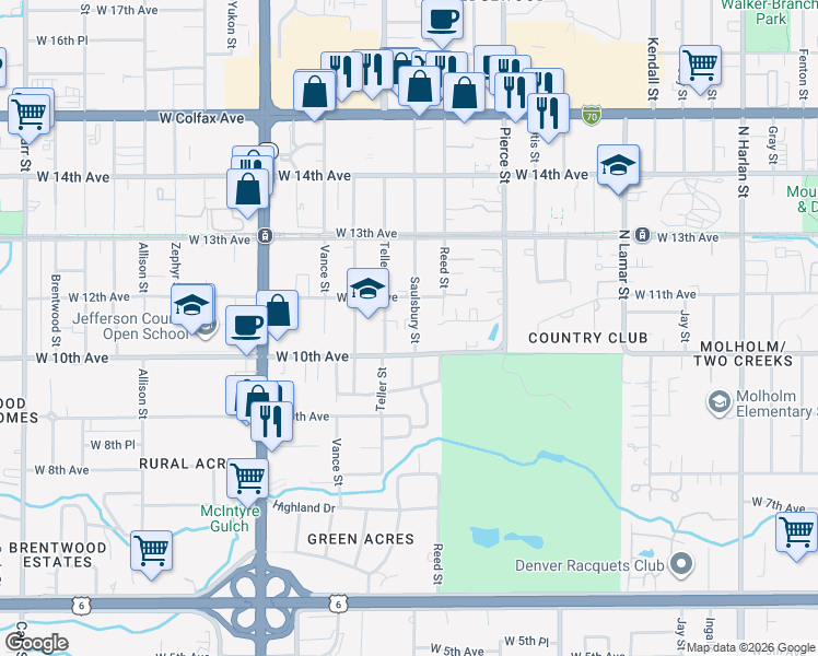 map of restaurants, bars, coffee shops, grocery stores, and more near 1060 Saulsbury Street in Lakewood