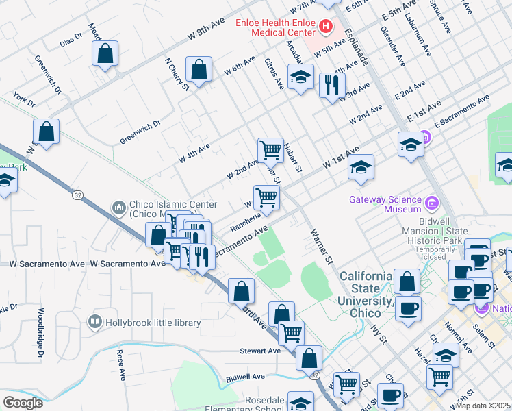map of restaurants, bars, coffee shops, grocery stores, and more near 641 West 1st Avenue in Chico