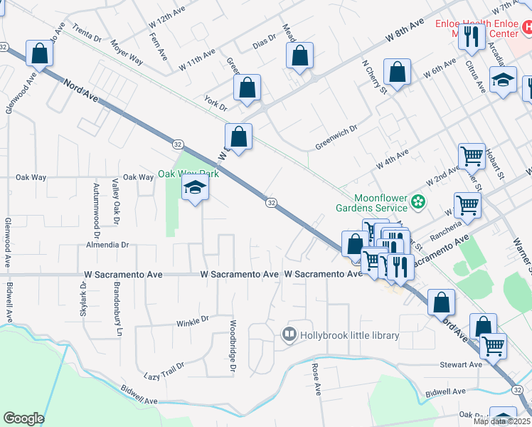 map of restaurants, bars, coffee shops, grocery stores, and more near 1521 Nord Avenue in Chico