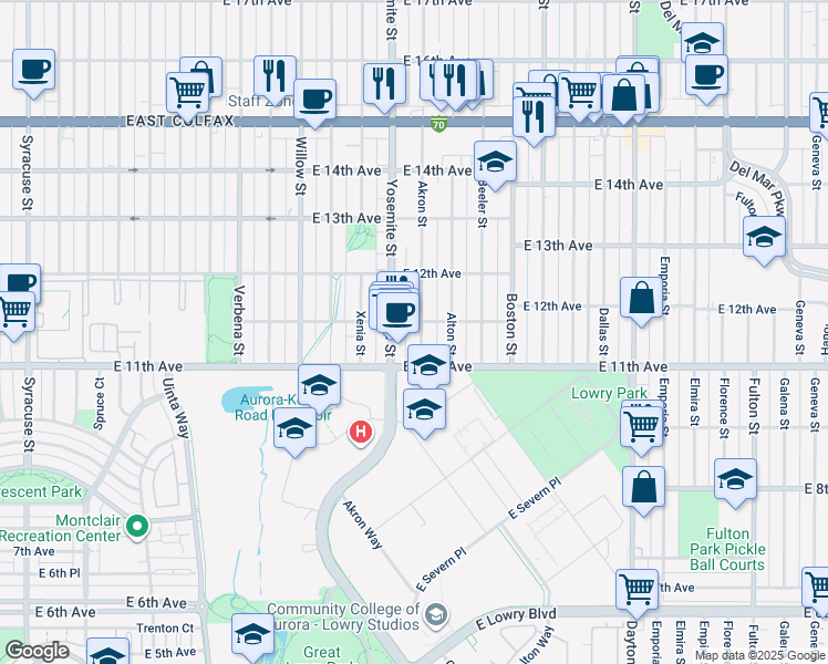 map of restaurants, bars, coffee shops, grocery stores, and more near 1124 Yosemite Street in Denver
