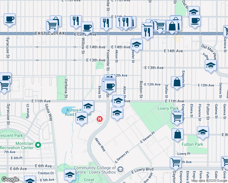 map of restaurants, bars, coffee shops, grocery stores, and more near 1124 Yosemite Street in Denver