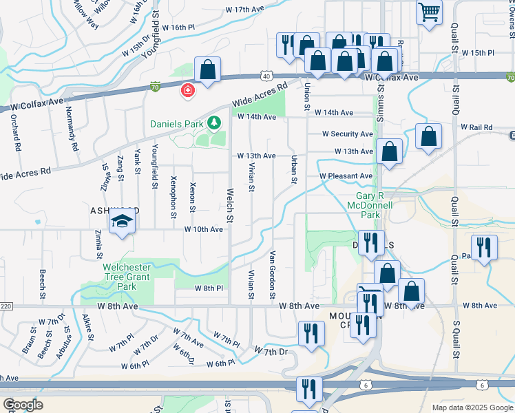 map of restaurants, bars, coffee shops, grocery stores, and more near 1135 Vivian Street in Golden
