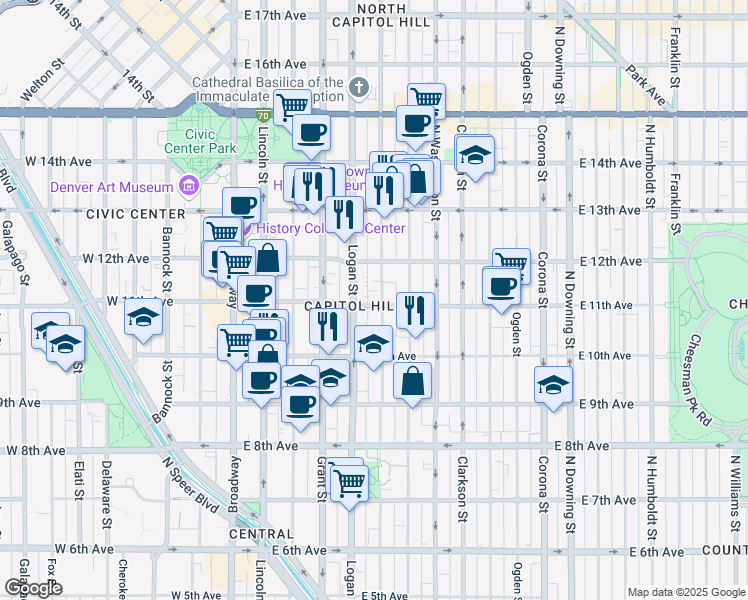 map of restaurants, bars, coffee shops, grocery stores, and more near in Denver