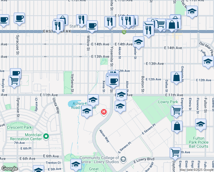 map of restaurants, bars, coffee shops, grocery stores, and more near 1113 Xenia Street in Denver