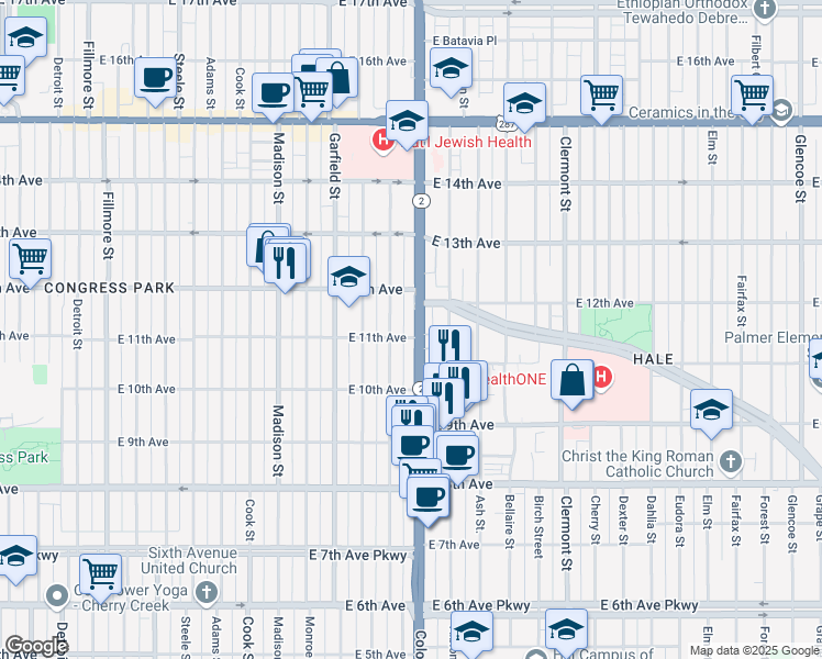 map of restaurants, bars, coffee shops, grocery stores, and more near 1074 Harrison Street in Denver