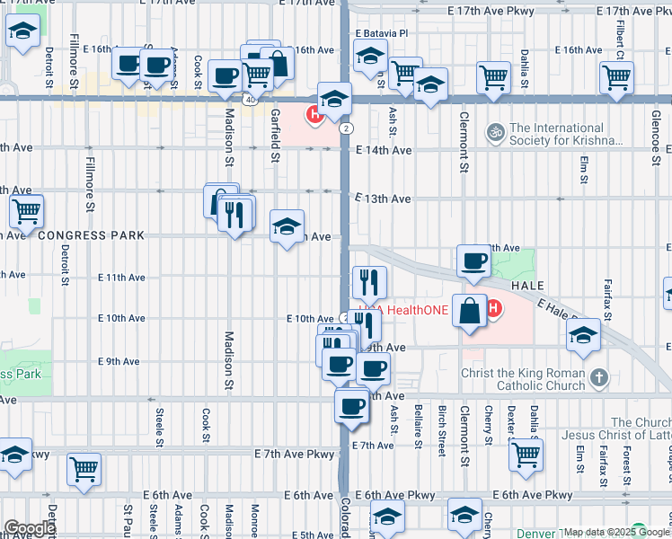 map of restaurants, bars, coffee shops, grocery stores, and more near 1074 Harrison Street in Denver