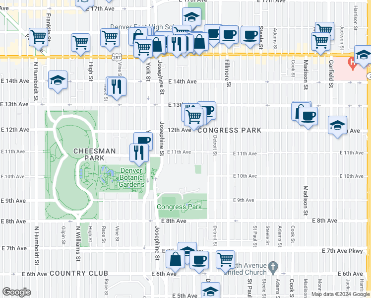 map of restaurants, bars, coffee shops, grocery stores, and more near 2538 East 11th Avenue in Denver