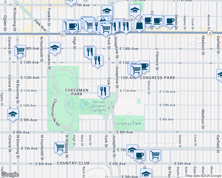 map of restaurants, bars, coffee shops, grocery stores, and more near 2317 East 11th Avenue in Denver
