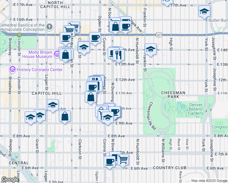 map of restaurants, bars, coffee shops, grocery stores, and more near 1081 North Downing Street in Denver