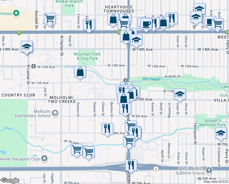 map of restaurants, bars, coffee shops, grocery stores, and more near 5375 West 10th Avenue in Denver