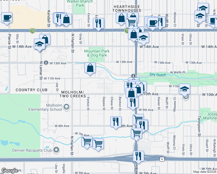 map of restaurants, bars, coffee shops, grocery stores, and more near 5541 West 10th Avenue in Lakewood