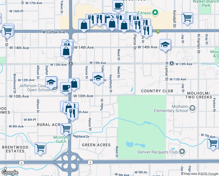 map of restaurants, bars, coffee shops, grocery stores, and more near 1060 Saulsbury Street in Lakewood