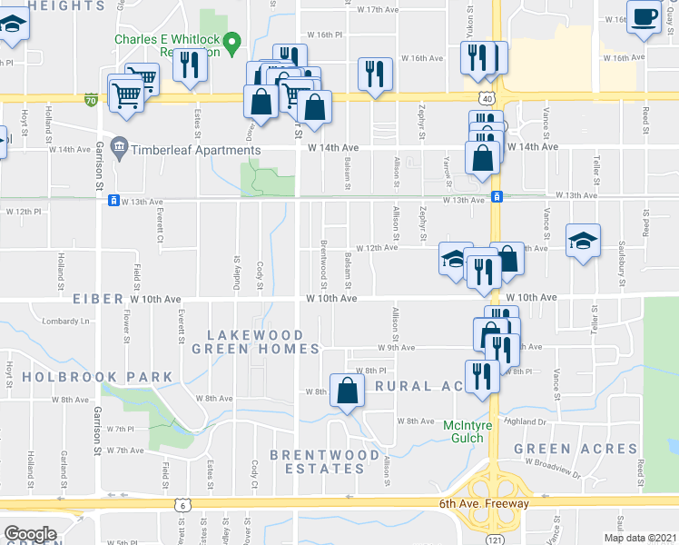 map of restaurants, bars, coffee shops, grocery stores, and more near 1027 Balsam Street in Denver