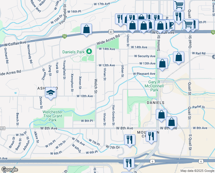 map of restaurants, bars, coffee shops, grocery stores, and more near 1135 Vivian Street in Golden