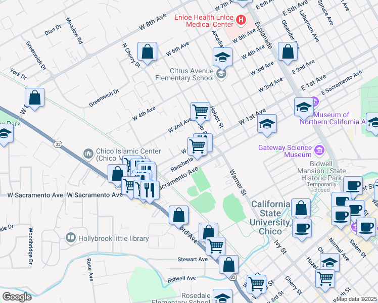map of restaurants, bars, coffee shops, grocery stores, and more near 725 West 1st Avenue in Chico