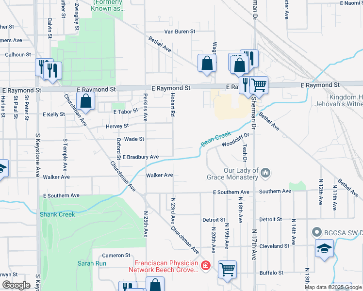 map of restaurants, bars, coffee shops, grocery stores, and more near 5 Rhonda Court in Indianapolis