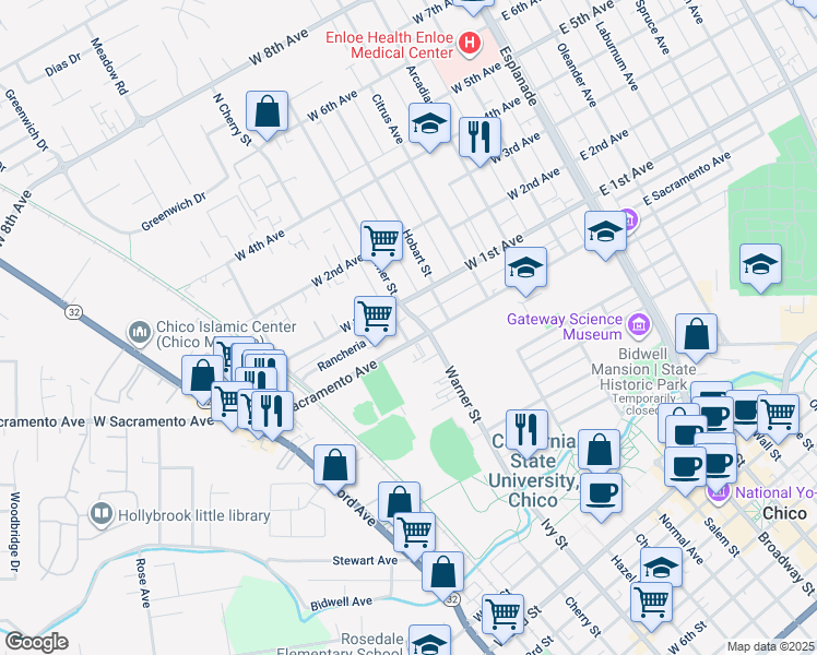 map of restaurants, bars, coffee shops, grocery stores, and more near 1024 Mechoopda Street in Chico