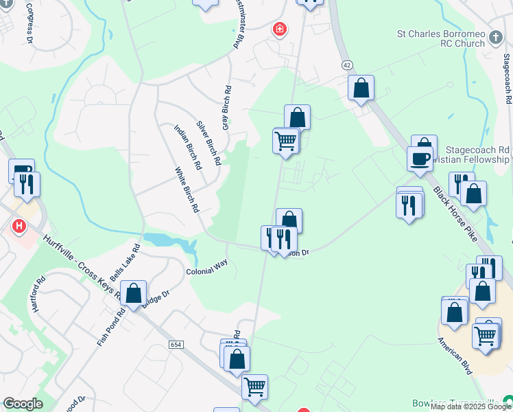 map of restaurants, bars, coffee shops, grocery stores, and more near 195 Fries Mill Road in Washington Township